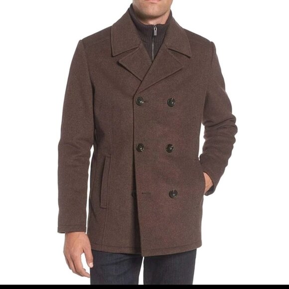 Kenneth Cole New York Brown Mens Wool Blend Pea Coat Jacket Size Large - Picture 1 of 5